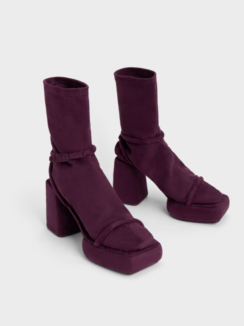 Charles And Keith Lucile Textured Calf Platform Boots Burgundy | PHILIPPINES T026