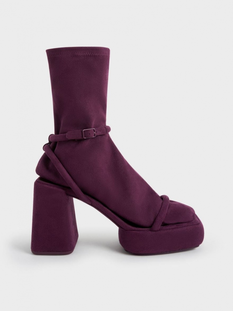 Charles And Keith Lucile Textured Calf Platform Boots Burgundy | PHILIPPINES T026