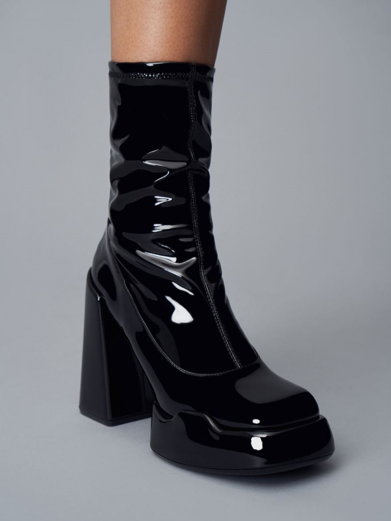 Charles And Keith Lula Patent Block Heeled Boots Black | PHILIPPINES E716