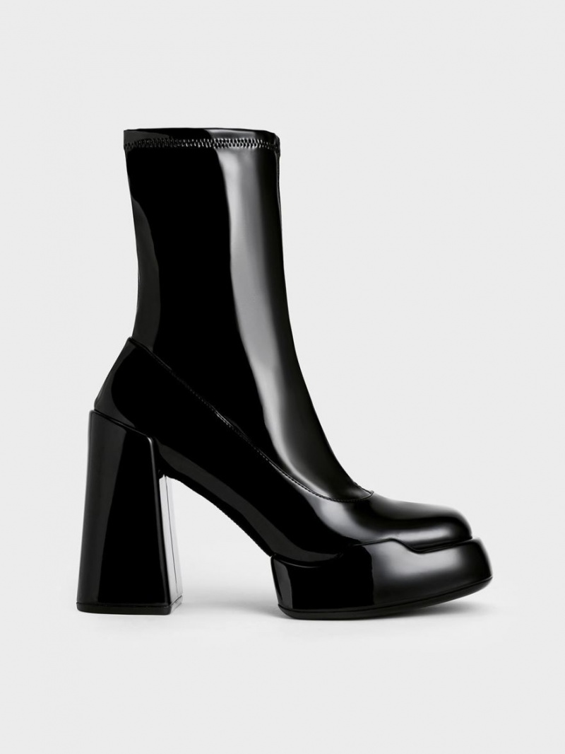 Charles And Keith Lula Patent Block Heeled Boots Black | PHILIPPINES E716