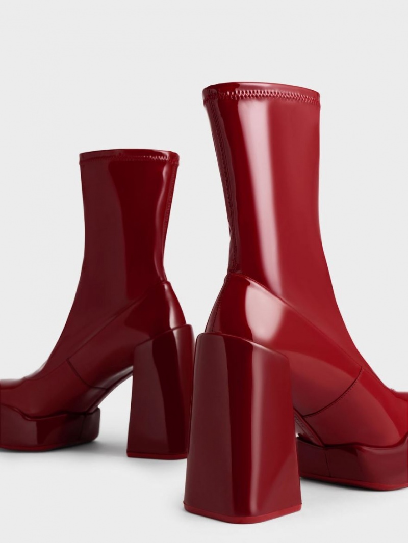 Charles And Keith Lula Patent Block Heeled Boots Red | PHILIPPINES C285