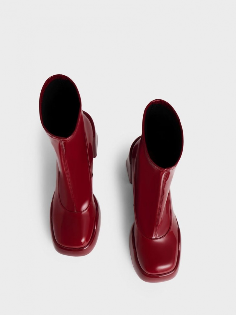 Charles And Keith Lula Patent Block Heeled Boots Red | PHILIPPINES C285