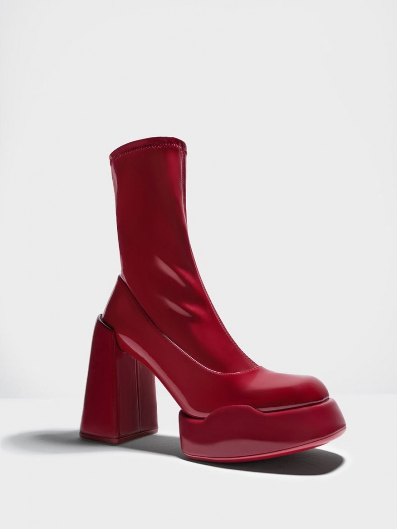 Charles And Keith Lula Patent Block Heeled Boots Red | PHILIPPINES C285