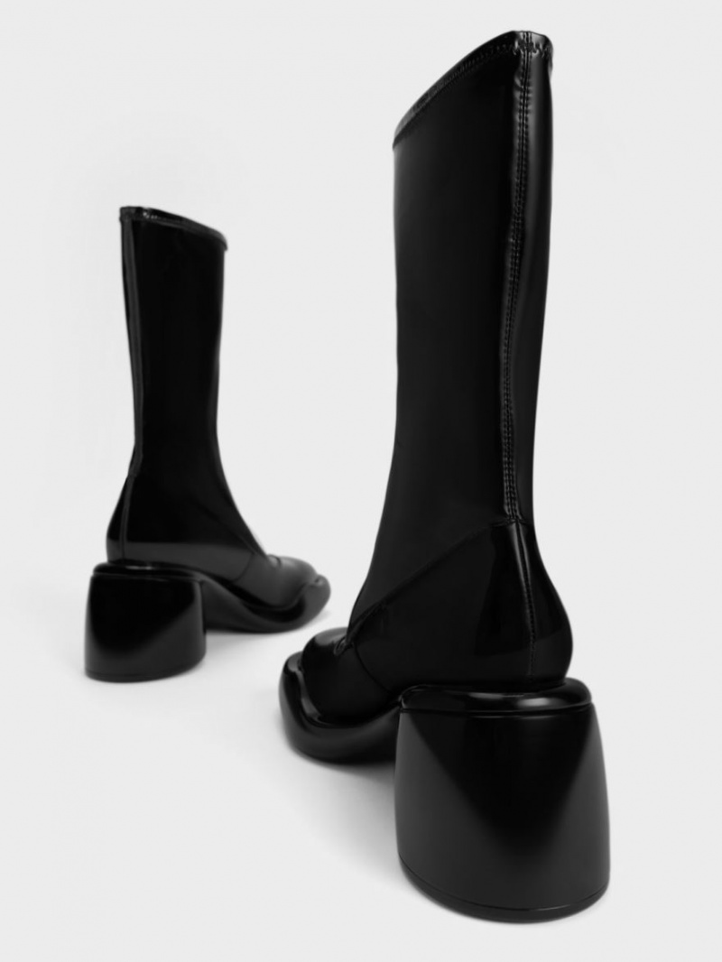 Charles And Keith Lula Patent Chunky Calf Heeled Boots Black | PHILIPPINES H317