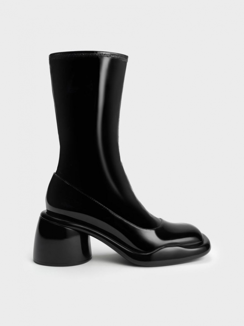 Charles And Keith Lula Patent Chunky Calf Heeled Boots Black | PHILIPPINES H317