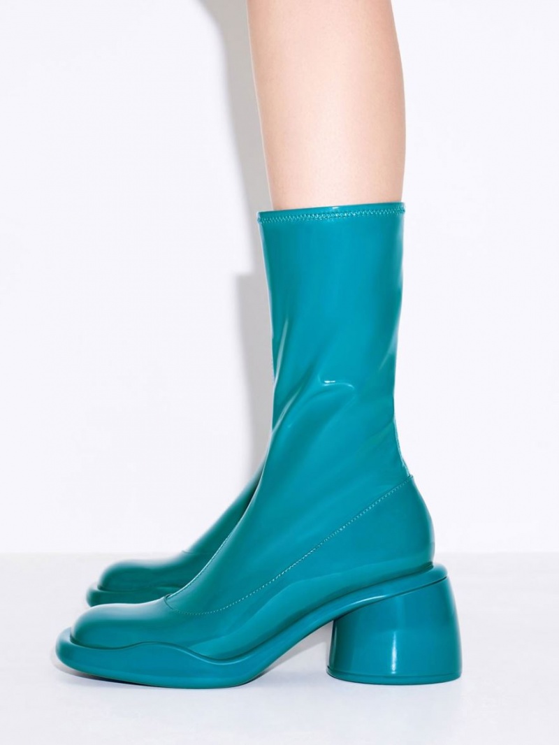 Charles And Keith Lula Patent Chunky Calf Heeled Boots Turquoise | PHILIPPINES X806