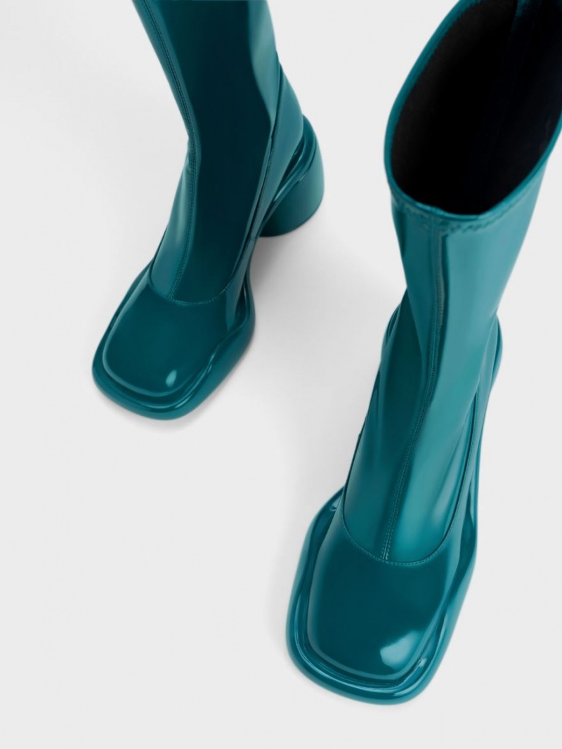 Charles And Keith Lula Patent Chunky Calf Heeled Boots Turquoise | PHILIPPINES X806