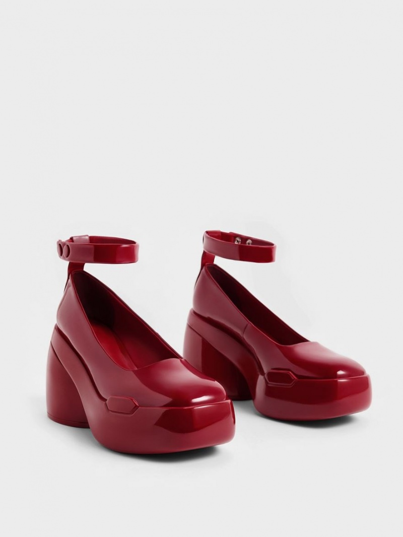 Charles And Keith Lula Patent Chunky Heel Pumps Red | PHILIPPINES B619