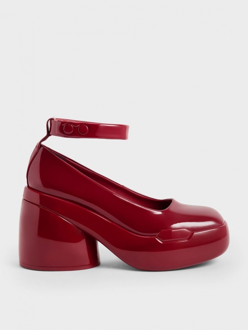 Charles And Keith Lula Patent Chunky Heel Pumps Red | PHILIPPINES B619