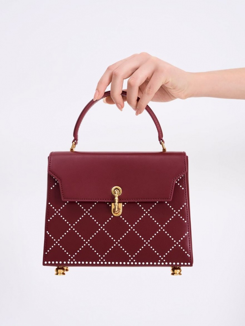 Charles And Keith Marietta Bead-Embellished Trapeze Tote Bags Burgundy | PHILIPPINES G140