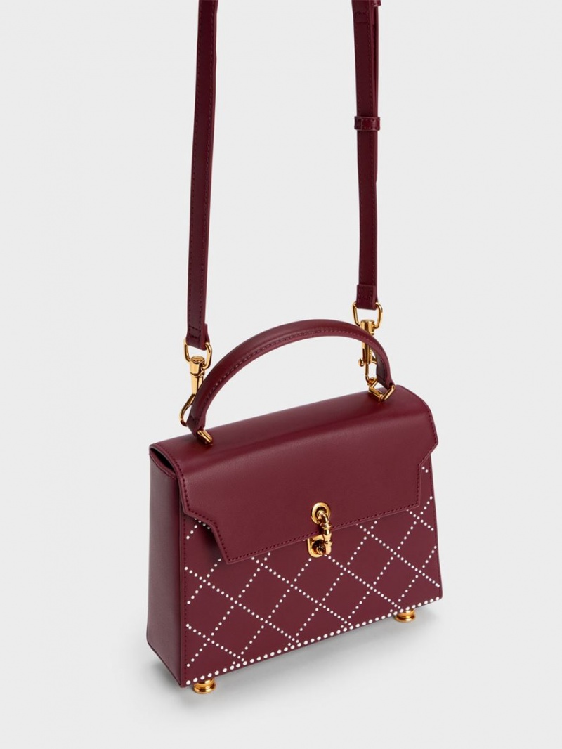 Charles And Keith Marietta Bead-Embellished Trapeze Tote Bags Burgundy | PHILIPPINES G140