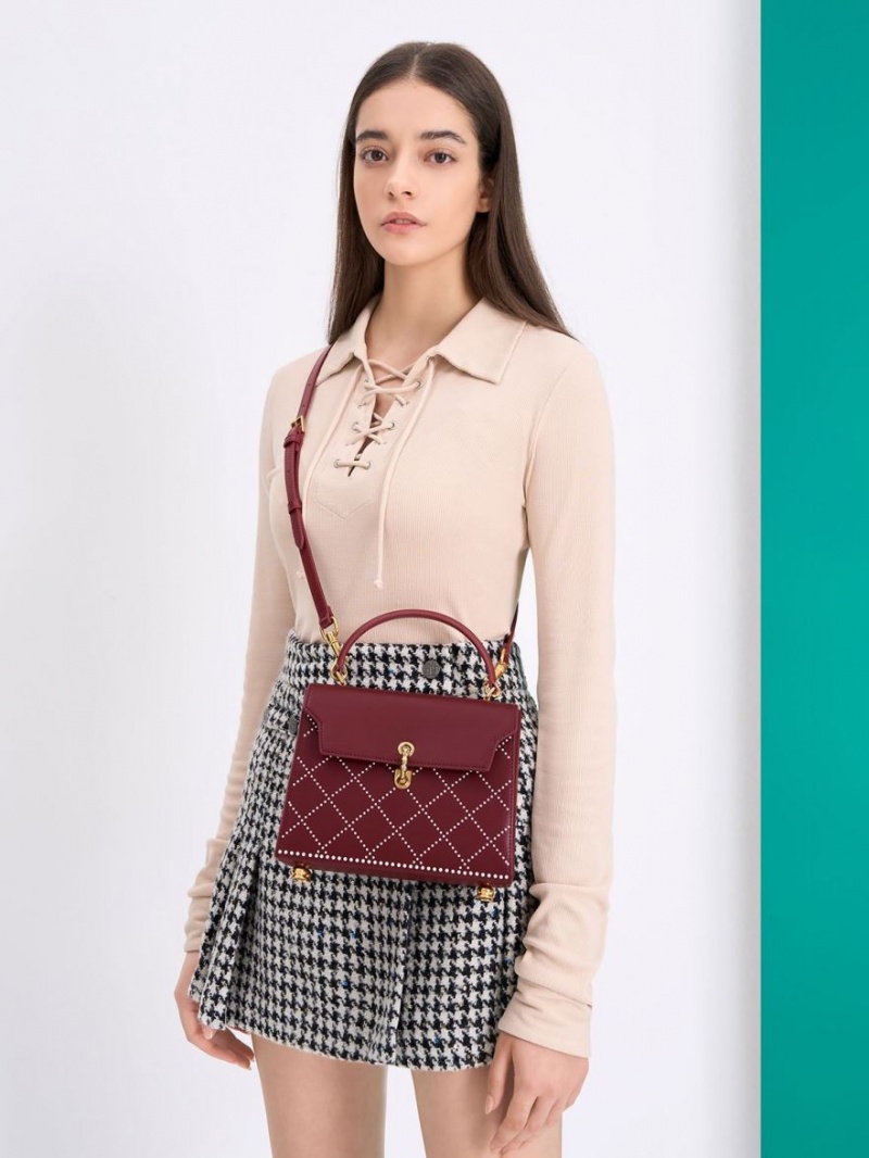 Charles And Keith Marietta Bead-Embellished Trapeze Tote Bags Burgundy | PHILIPPINES G140