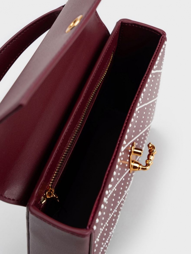 Charles And Keith Marietta Bead-Embellished Trapeze Tote Bags Burgundy | PHILIPPINES G140