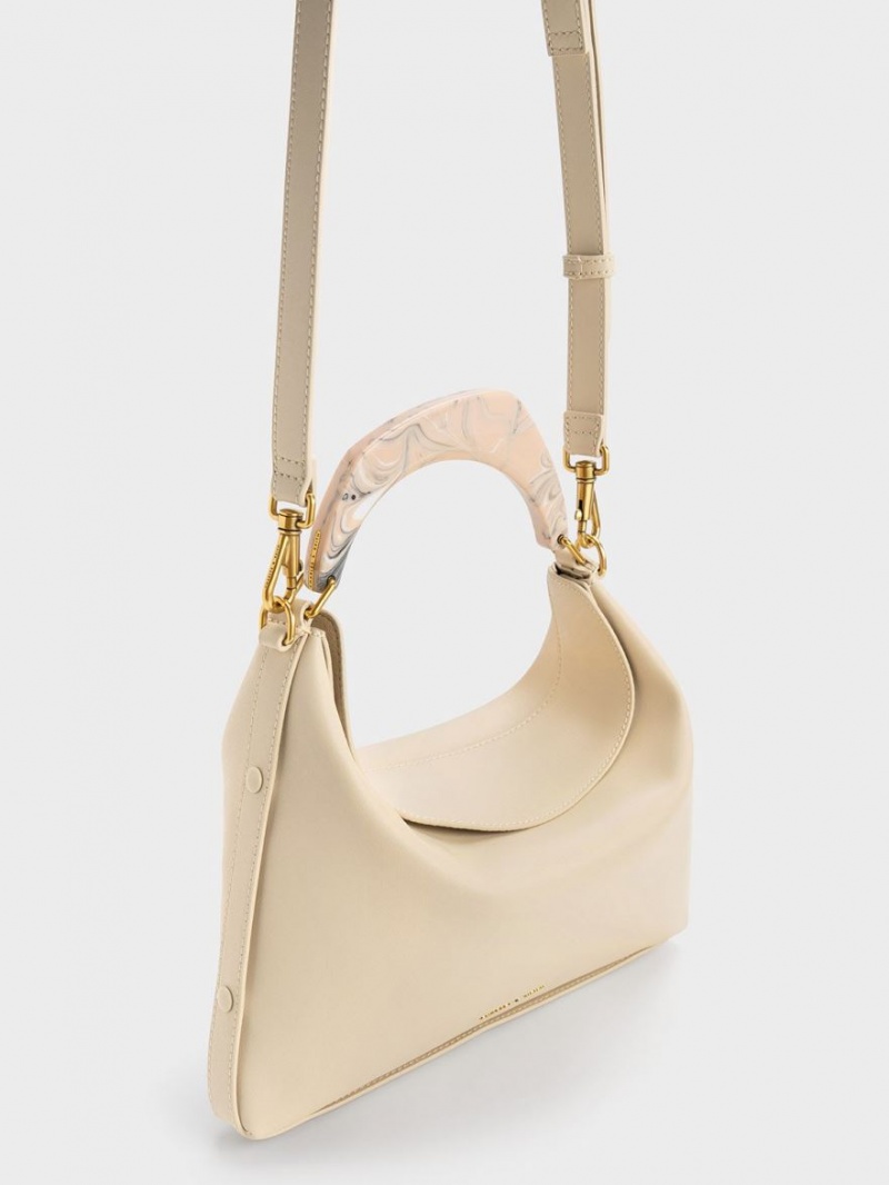 Charles And Keith Marlin Acrylic Handle Hobo Bag Beige | PHILIPPINES R970