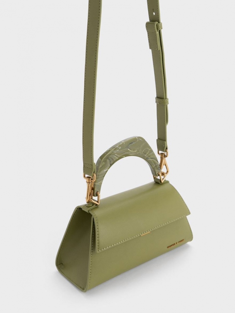 Charles And Keith Marlin Acrylic Handle Trapeze Tote Bags Olive | PHILIPPINES K746