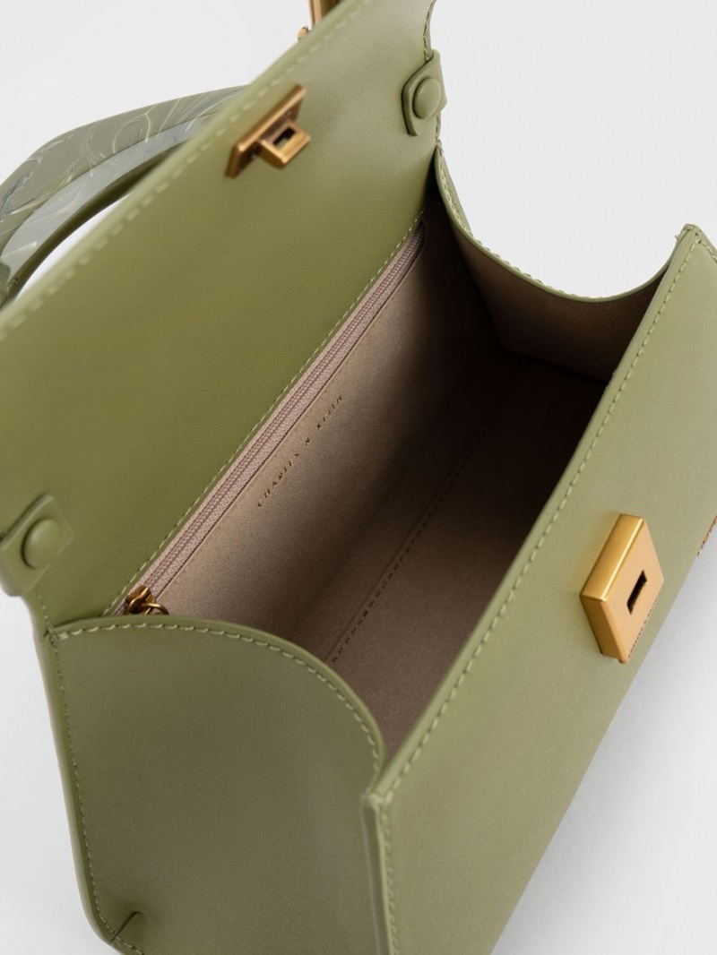 Charles And Keith Marlin Acrylic Handle Trapeze Tote Bags Olive | PHILIPPINES K746