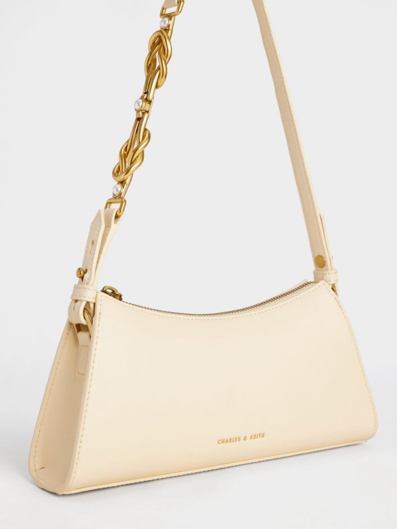 Charles And Keith Metallic-Accent Strap Trapeze Tote Bags Beige | PHILIPPINES V691