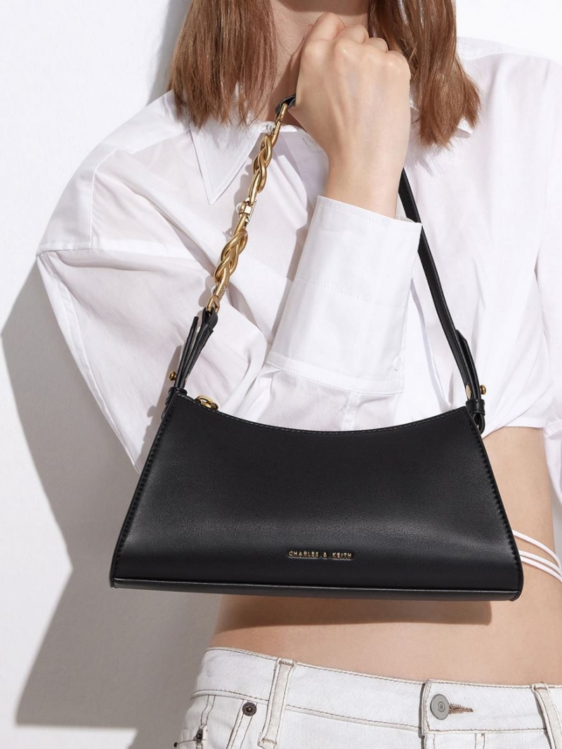 Charles And Keith Metallic-Accent Strap Trapeze Tote Bags Black | PHILIPPINES H051