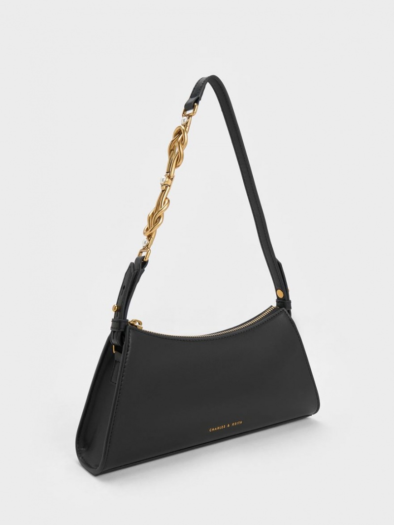 Charles And Keith Metallic-Accent Strap Trapeze Tote Bags Black | PHILIPPINES H051