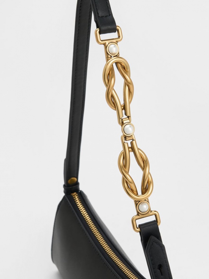 Charles And Keith Metallic-Accent Strap Trapeze Tote Bags Black | PHILIPPINES H051