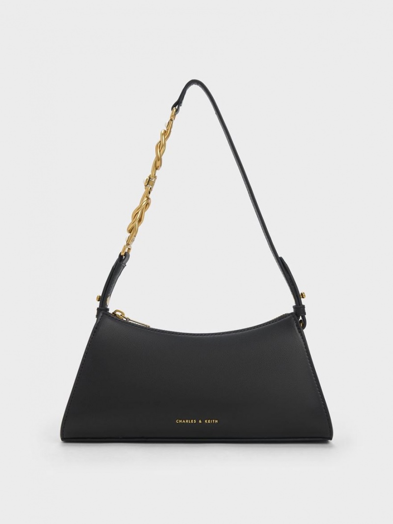 Charles And Keith Metallic-Accent Strap Trapeze Tote Bags Black | PHILIPPINES H051