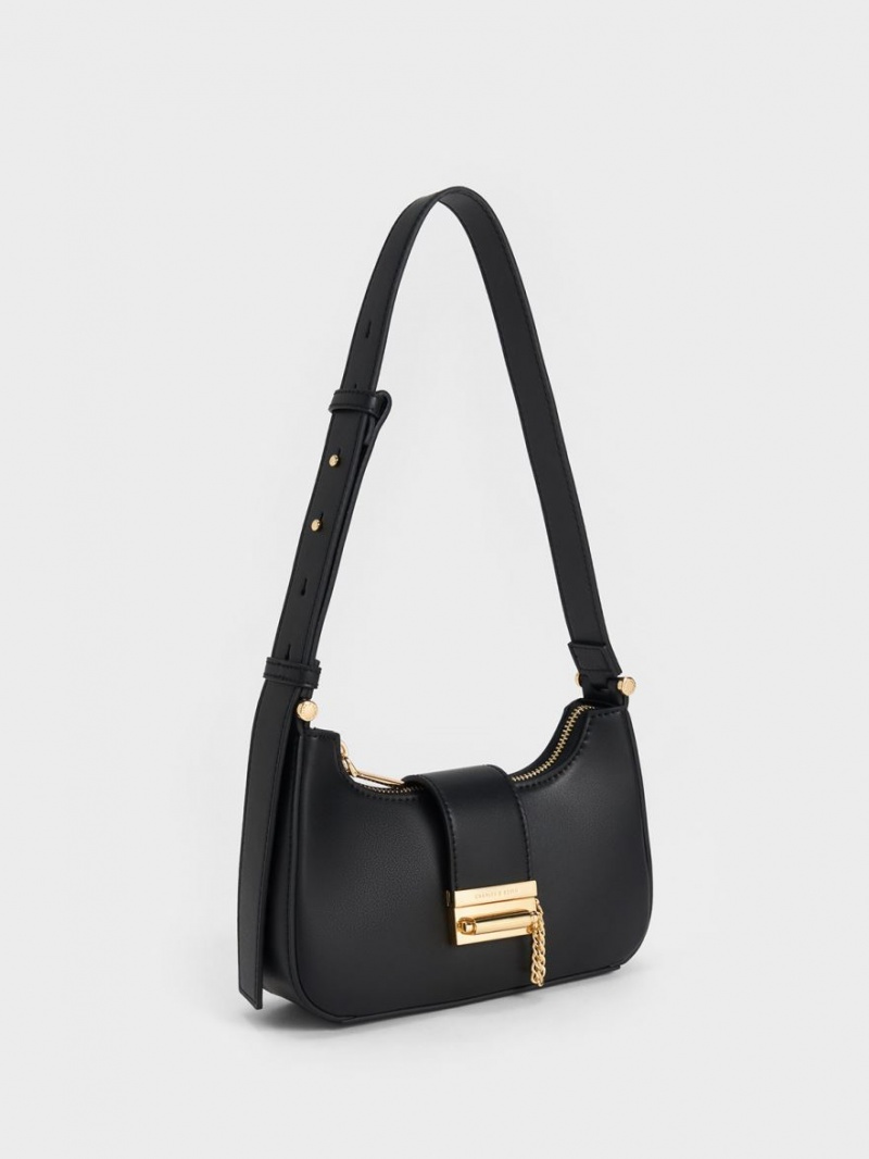 Charles And Keith Metallic Accent Belted Tote Bags Black | PHILIPPINES H709