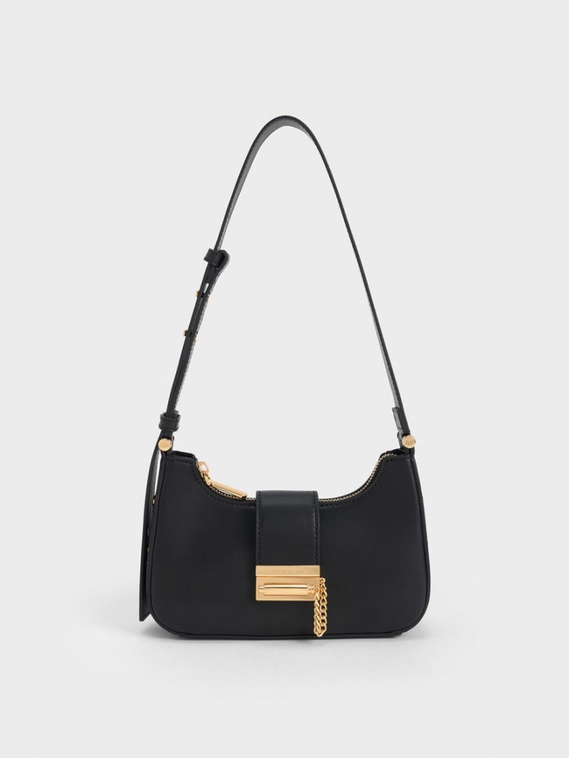 Charles And Keith Metallic Accent Belted Tote Bags Black | PHILIPPINES H709