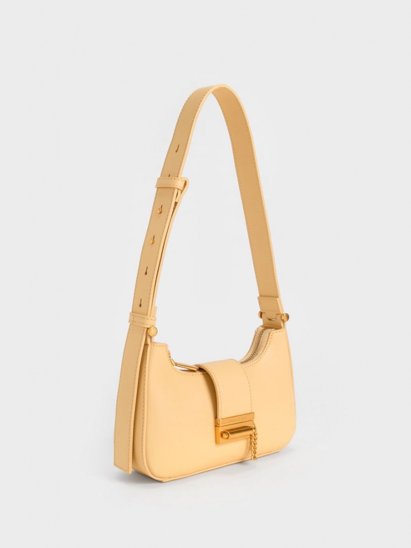 Charles And Keith Metallic Accent Belted Tote Bags Beige | PHILIPPINES U139