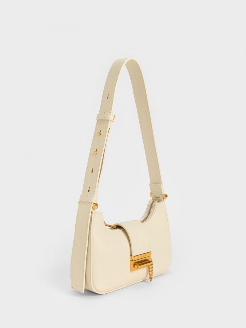 Charles And Keith Metallic Accent Belted Tote Bags Beige | PHILIPPINES S473