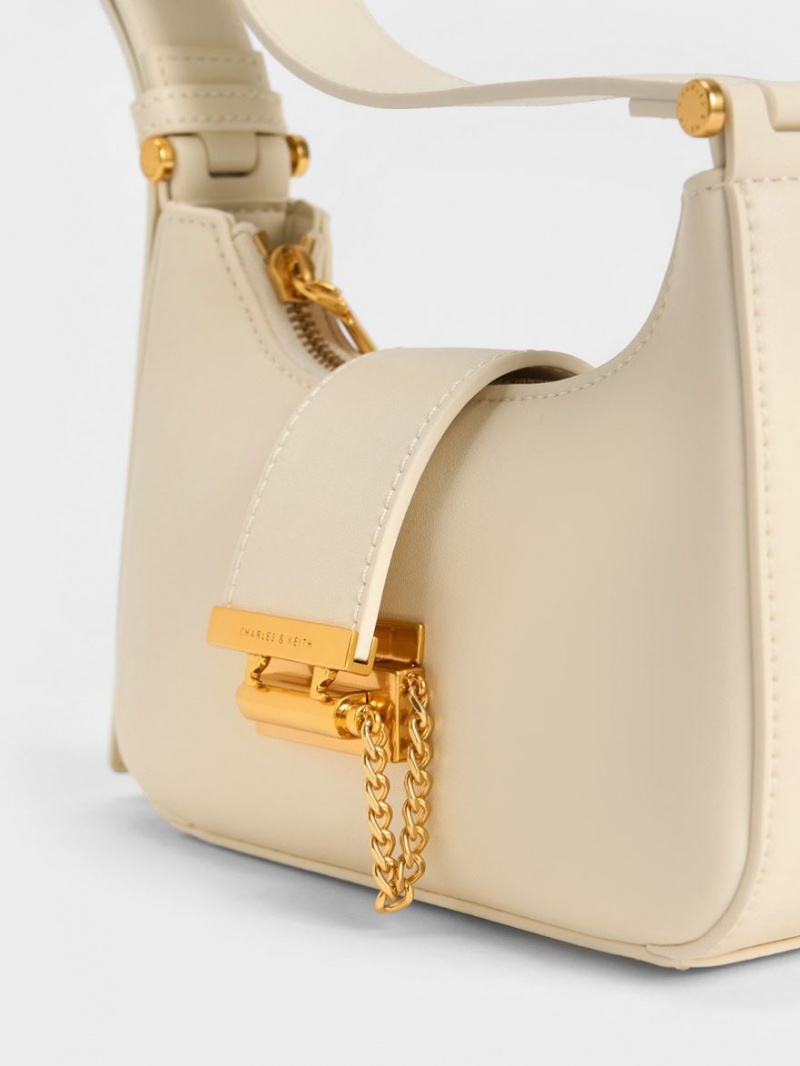 Charles And Keith Metallic Accent Belted Tote Bags Beige | PHILIPPINES S473