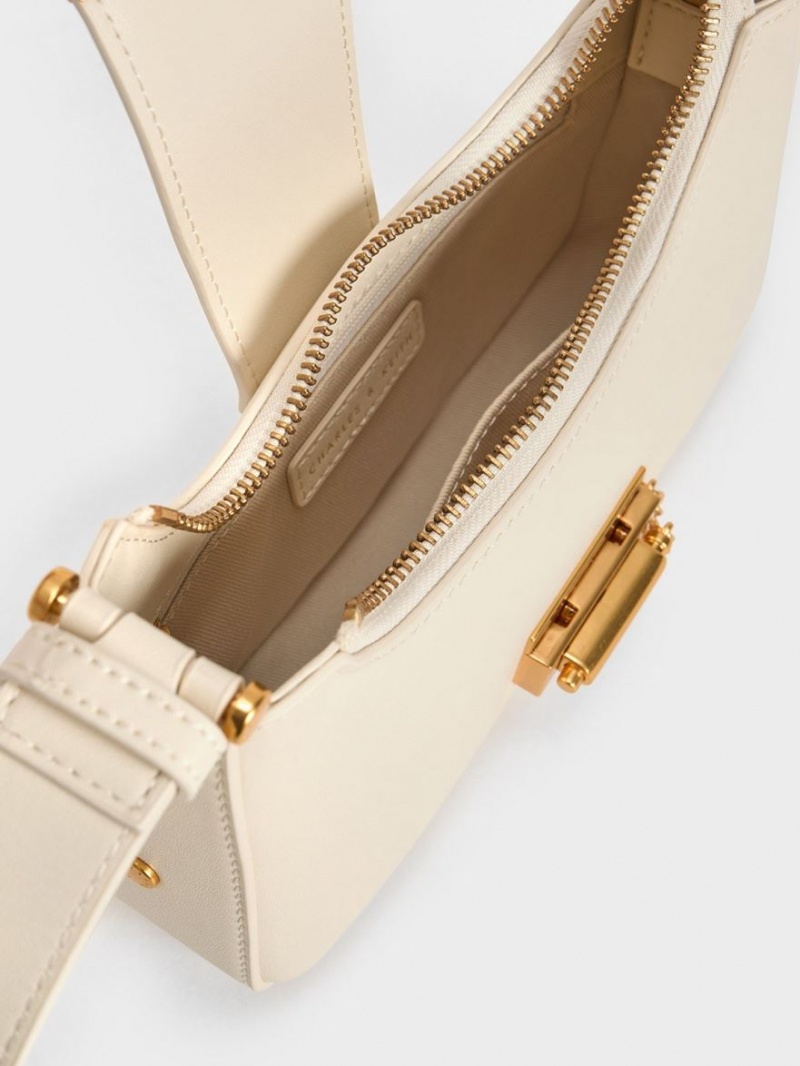 Charles And Keith Metallic Accent Belted Tote Bags Beige | PHILIPPINES S473