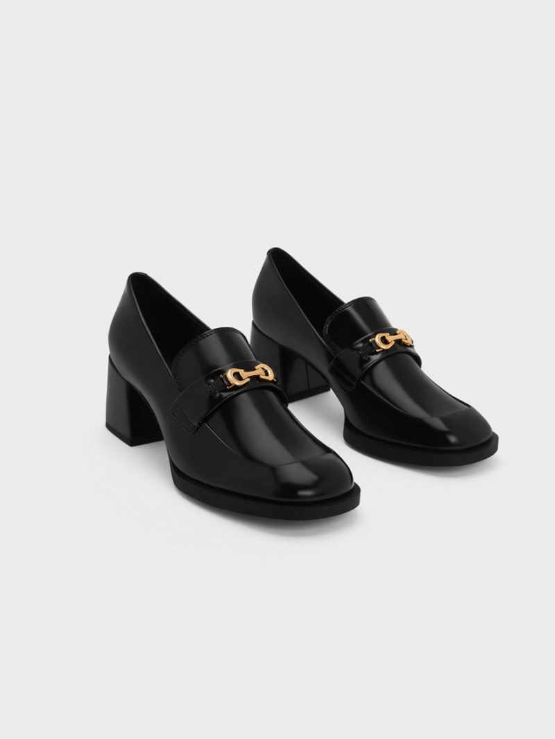 Charles And Keith Metallic Accent Block Heel Loafer Pumps Black | PHILIPPINES L269