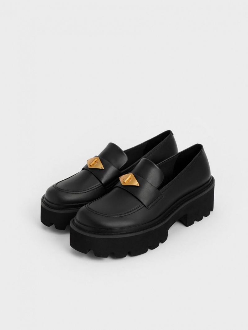 Charles And Keith Metallic Accent Chunky Platform Penny Loafers Black | PHILIPPINES D025