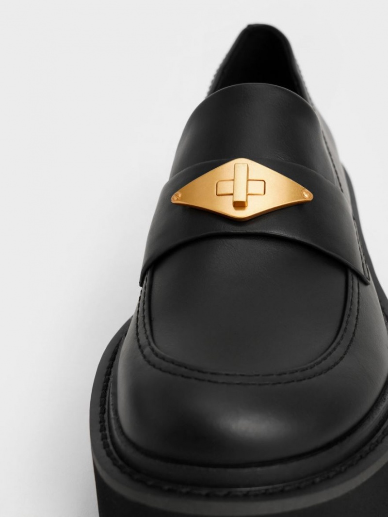 Charles And Keith Metallic Accent Chunky Platform Penny Loafers Black | PHILIPPINES D025