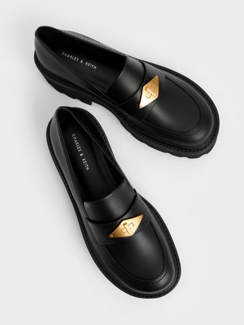 Charles And Keith Metallic Accent Chunky Platform Penny Loafers Black | PHILIPPINES D025