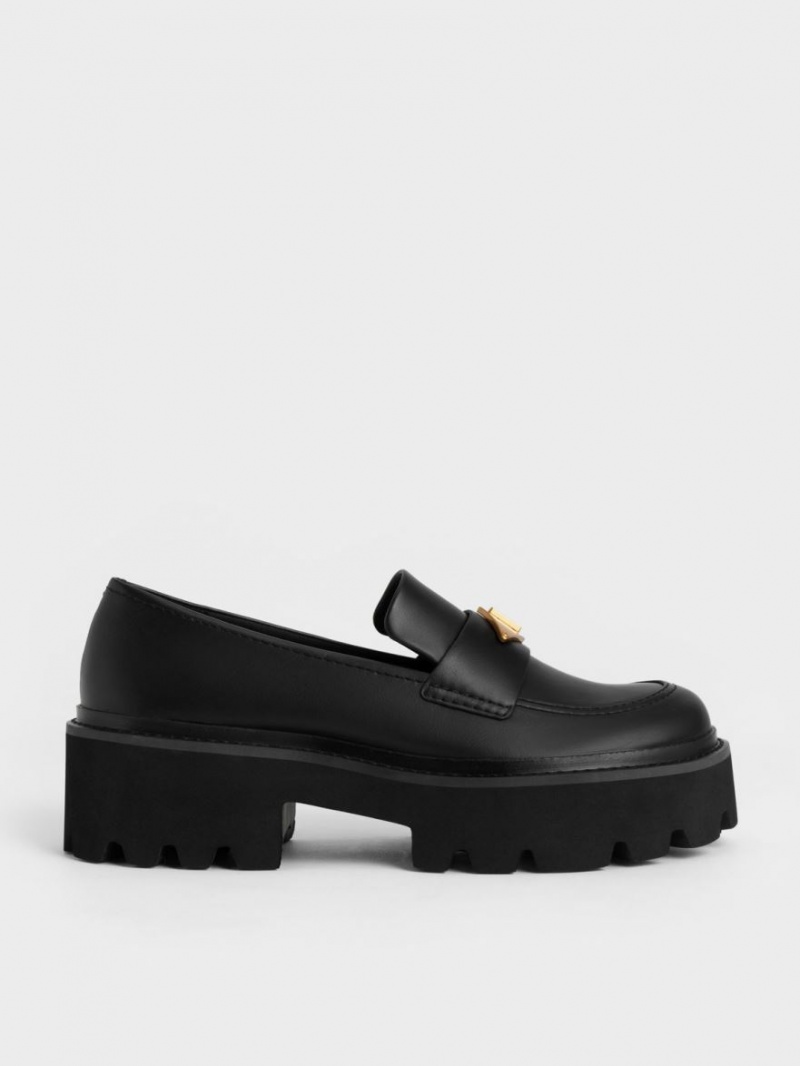 Charles And Keith Metallic Accent Chunky Platform Penny Loafers Black | PHILIPPINES D025