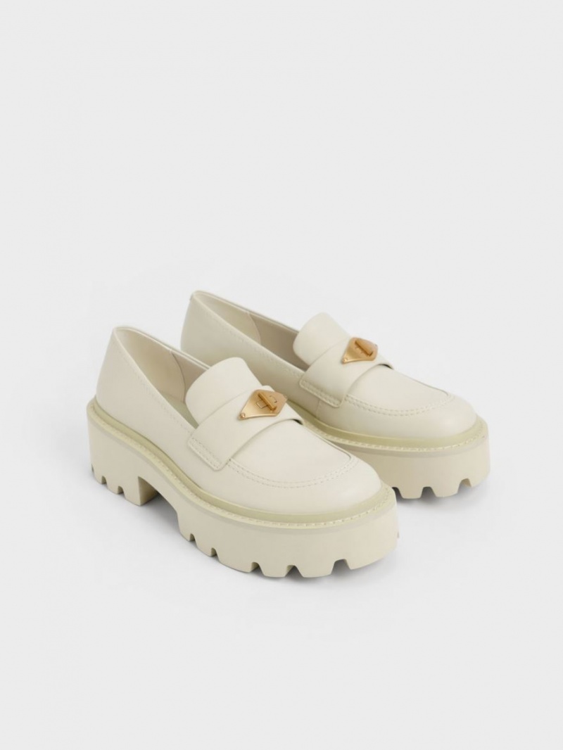 Charles And Keith Metallic Accent Chunky Platform Penny Loafers Cream | PHILIPPINES P791