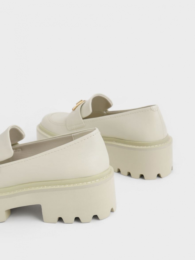 Charles And Keith Metallic Accent Chunky Platform Penny Loafers Cream | PHILIPPINES P791