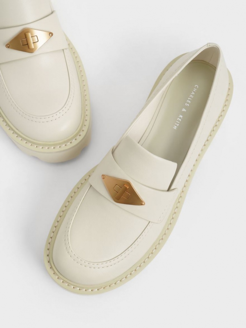 Charles And Keith Metallic Accent Chunky Platform Penny Loafers Cream | PHILIPPINES P791