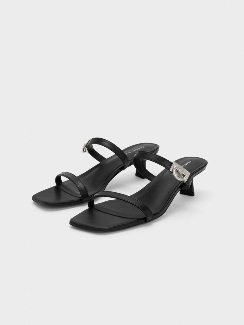 Charles And Keith Metallic Accent Double Strap Mules Black | PHILIPPINES F734