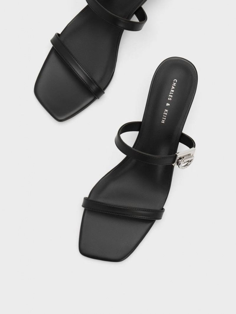 Charles And Keith Metallic Accent Double Strap Mules Black | PHILIPPINES F734