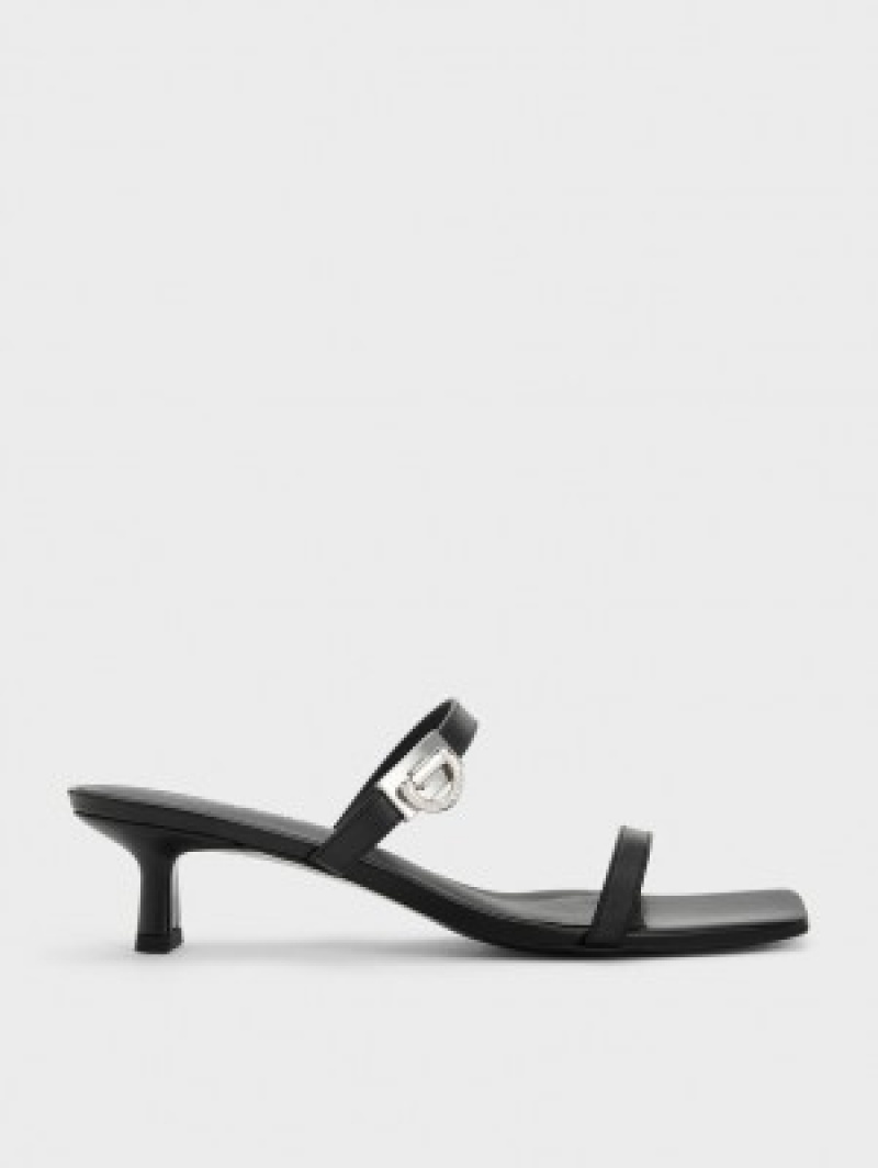 Charles And Keith Metallic Accent Double Strap Mules Black | PHILIPPINES F734