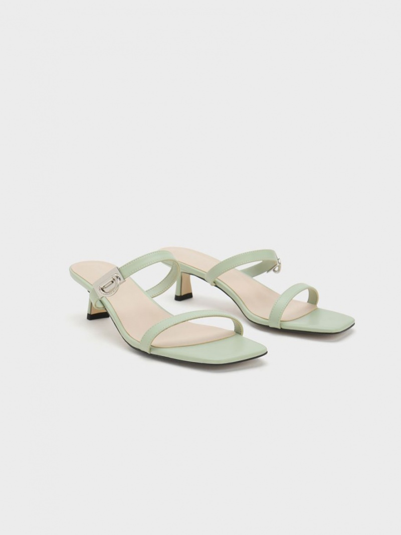 Charles And Keith Metallic Accent Double Strap Mules Mint | PHILIPPINES O932