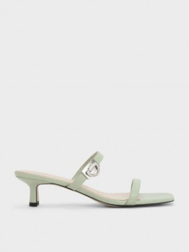 Charles And Keith Metallic Accent Double Strap Mules Mint | PHILIPPINES O932