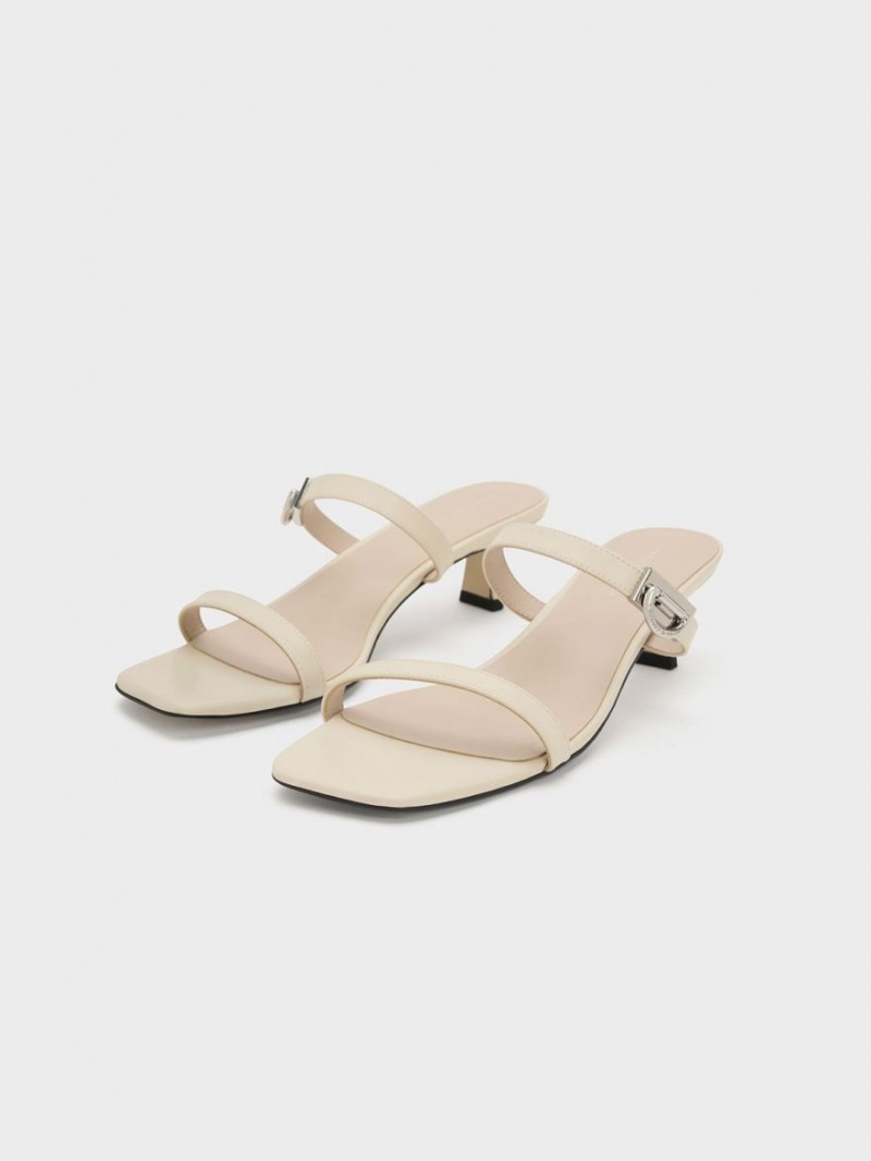 Charles And Keith Metallic Accent Double Strap Mules Cream | PHILIPPINES L705