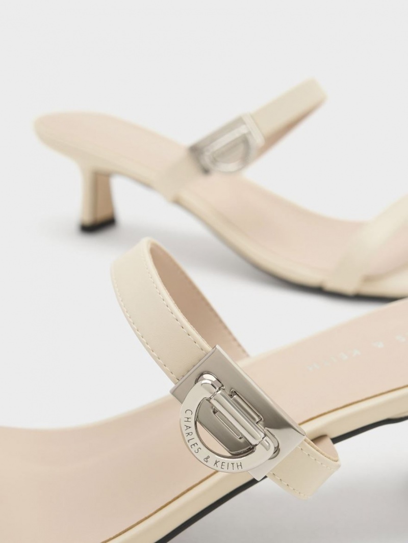 Charles And Keith Metallic Accent Double Strap Mules Cream | PHILIPPINES L705