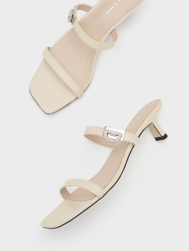 Charles And Keith Metallic Accent Double Strap Mules Cream | PHILIPPINES L705