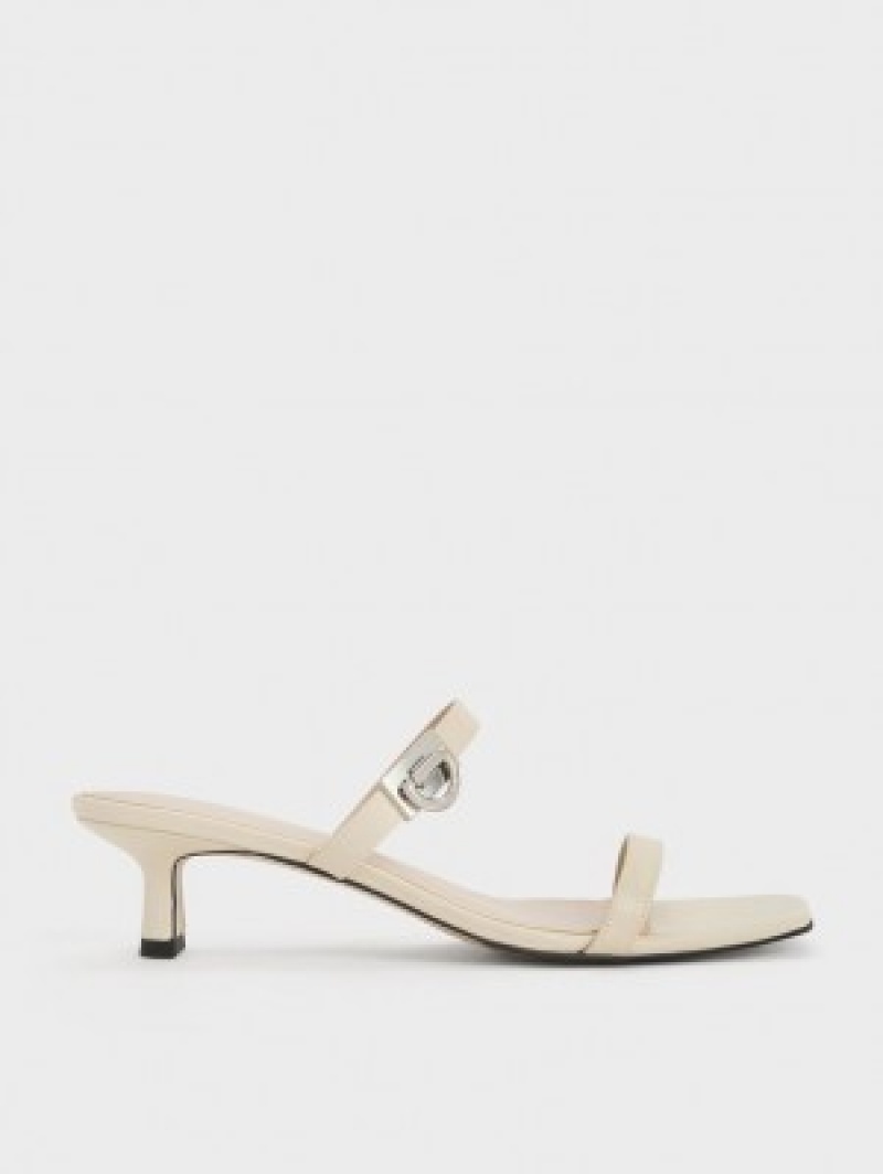 Charles And Keith Metallic Accent Double Strap Mules Cream | PHILIPPINES L705