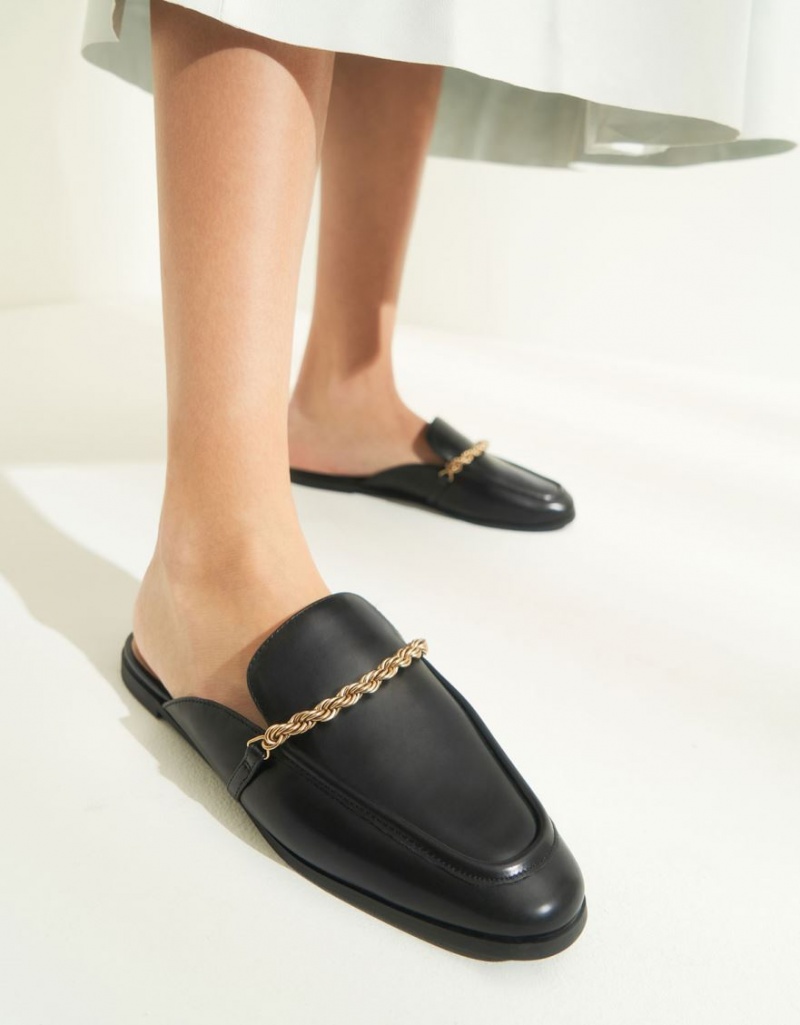 Charles And Keith Metallic Accent Flats Mules Black | PHILIPPINES N341