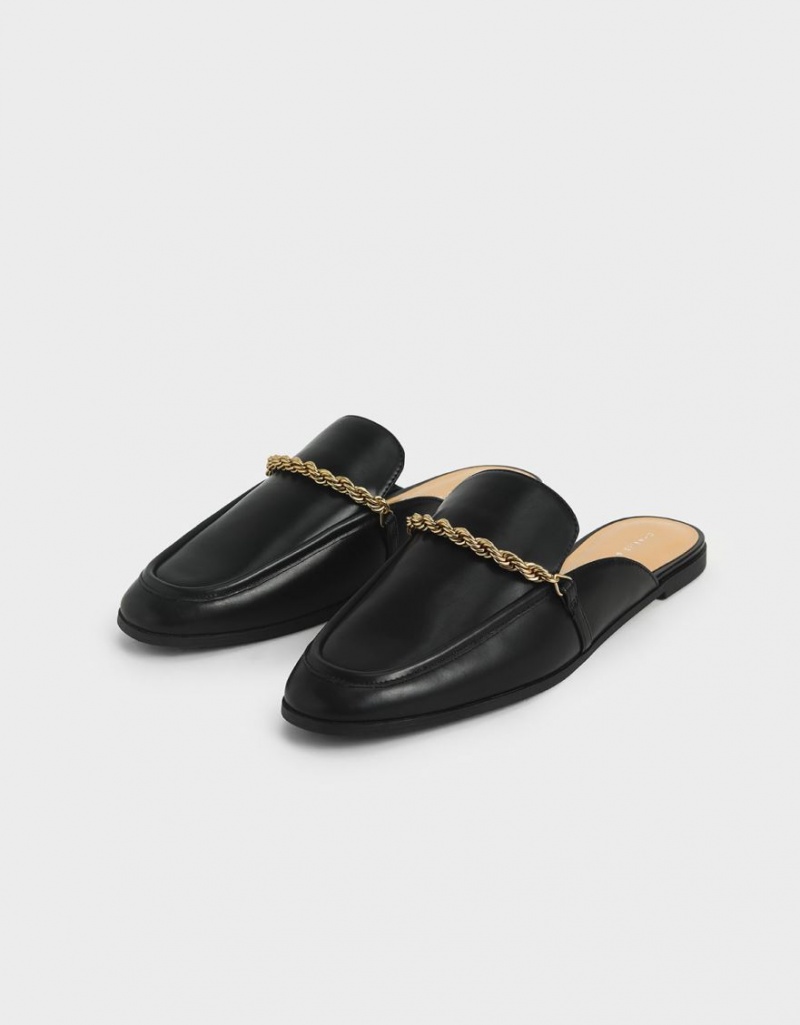 Charles And Keith Metallic Accent Flats Mules Black | PHILIPPINES N341